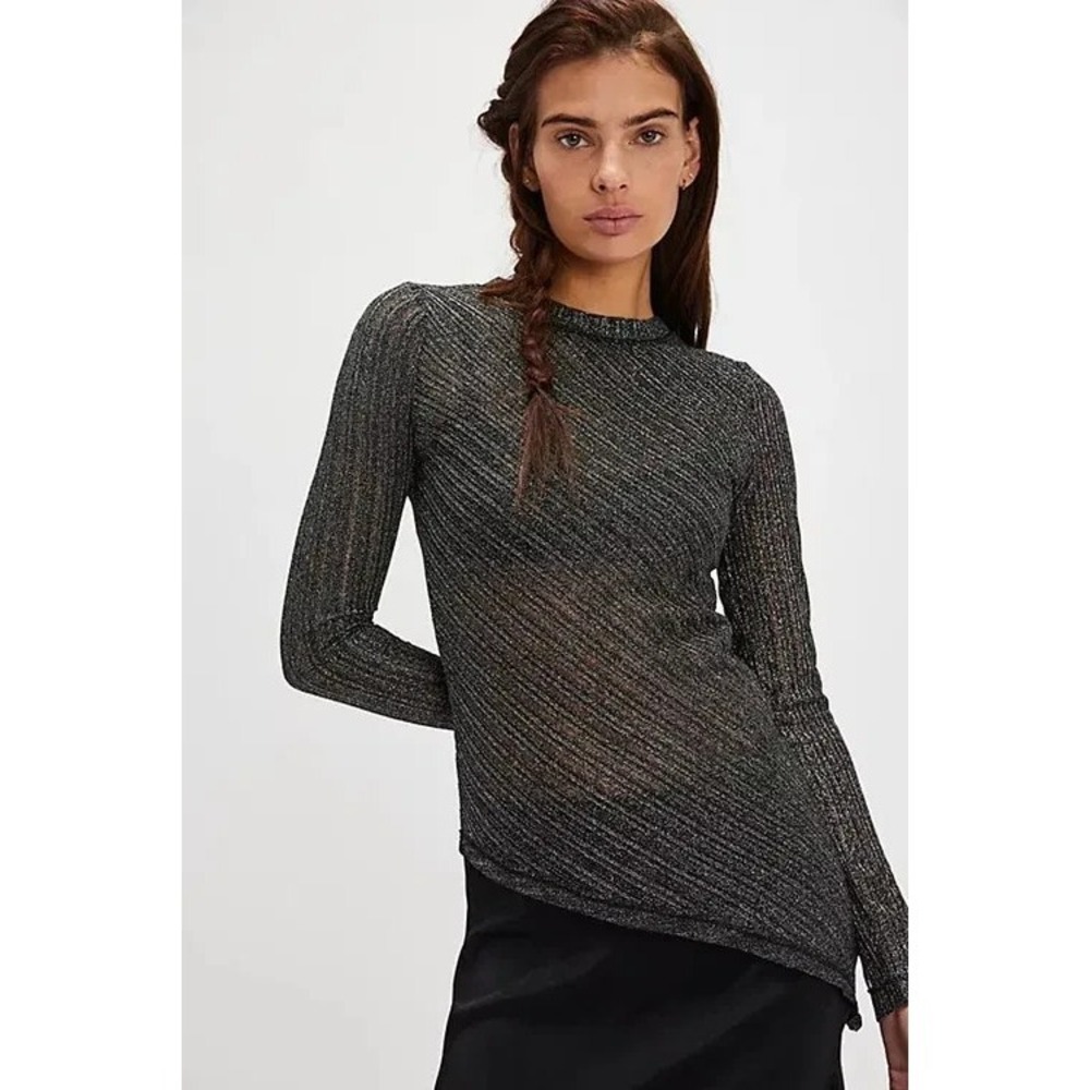 Free People Intimately Tunic Women's L Black Silver Sparkle Asymmetrical Boho